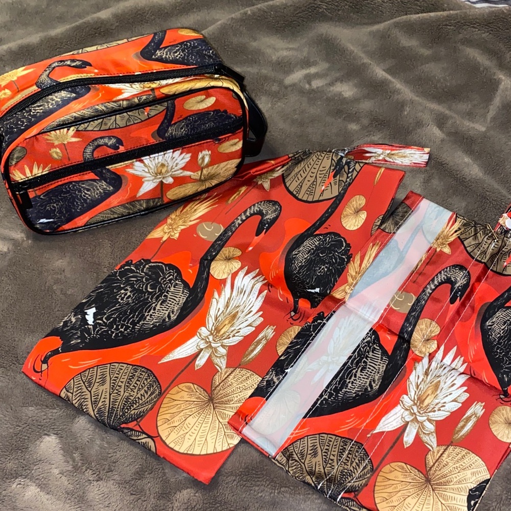 Elegant Black Swan Cosmetic Bag and Pouch Set